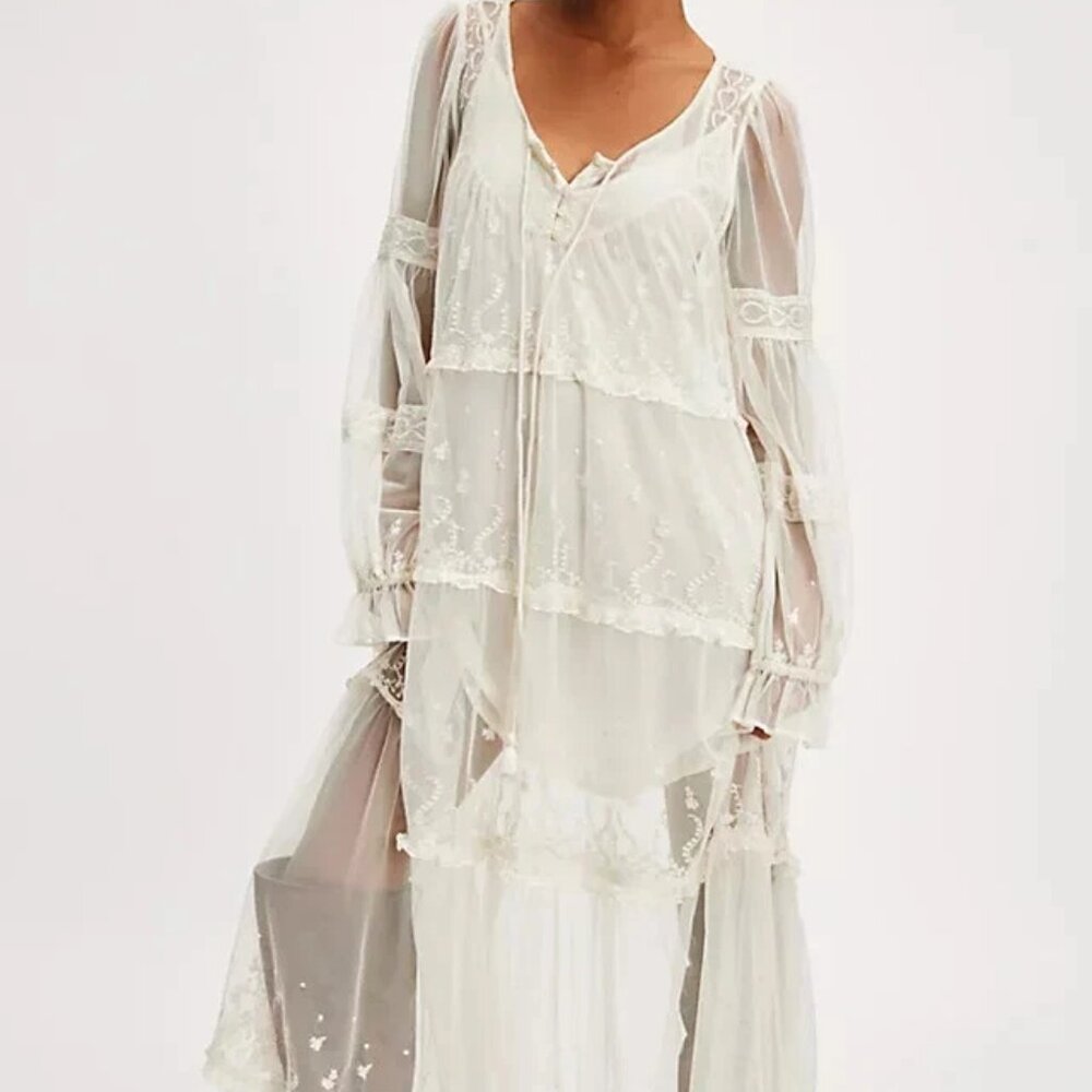 Free People Stevie Embroidered Sheer Mesh Lace Maxi Dress Ivory Size Large NWOT